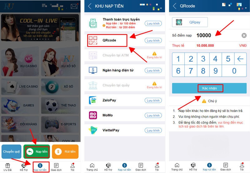 Sử dụng mã QR Code để nạp tiền Kubet